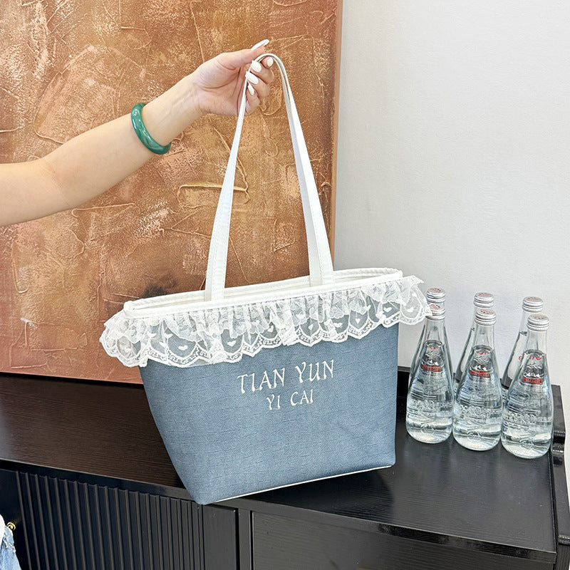 Elegant Lace-Trimmed Canvas Tote Bag