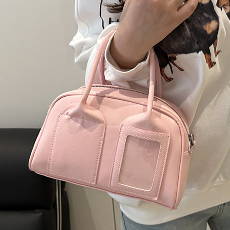 mini handbag with cute plush pendant and delicate bow decoration