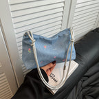 denim mini handbag with colorful embroidery design