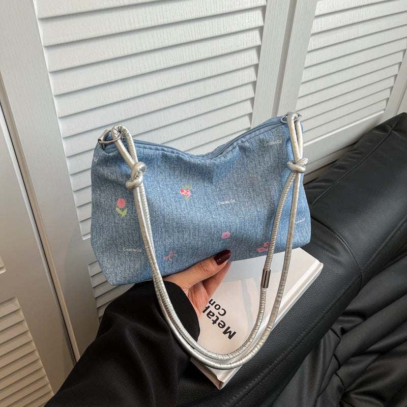 denim mini handbag with colorful embroidery design