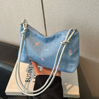denim mini handbag with colorful embroidery design