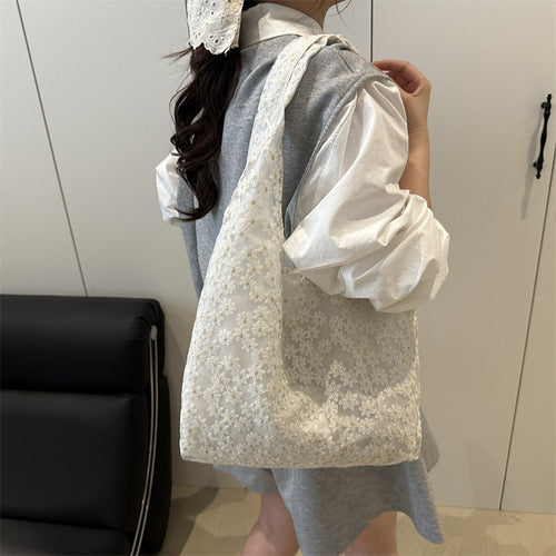 Elegant Floral Embroidered Grocery Tote Bag