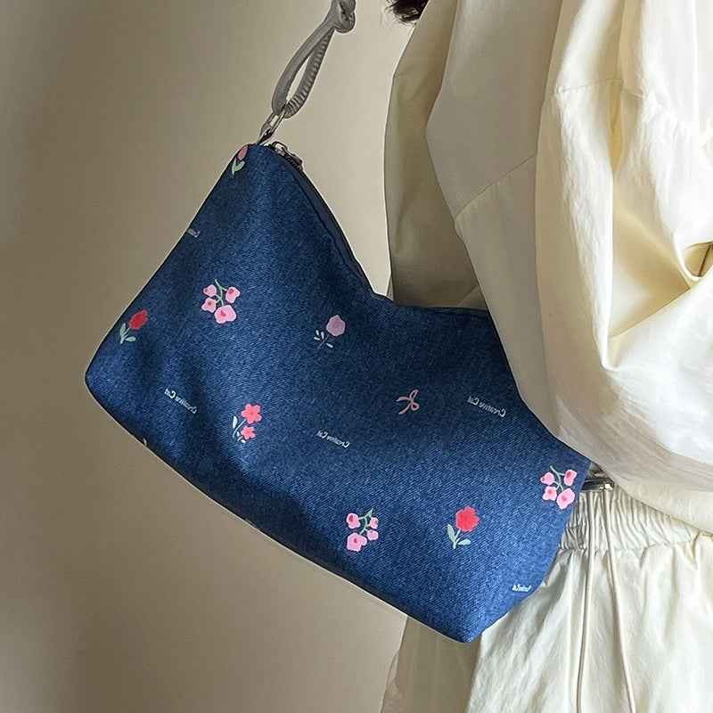 denim mini handbag with colorful embroidery design