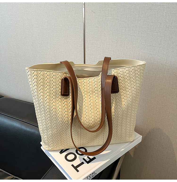 Woven Leather Shoulder Tote Bag