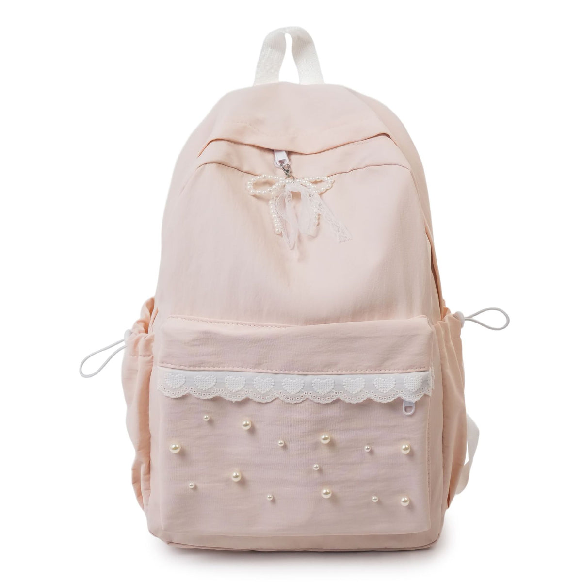 Backpack with elegant pearl applications and intricate design