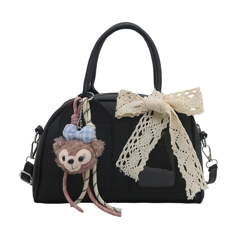 mini handbag with cute plush pendant and delicate bow decoration