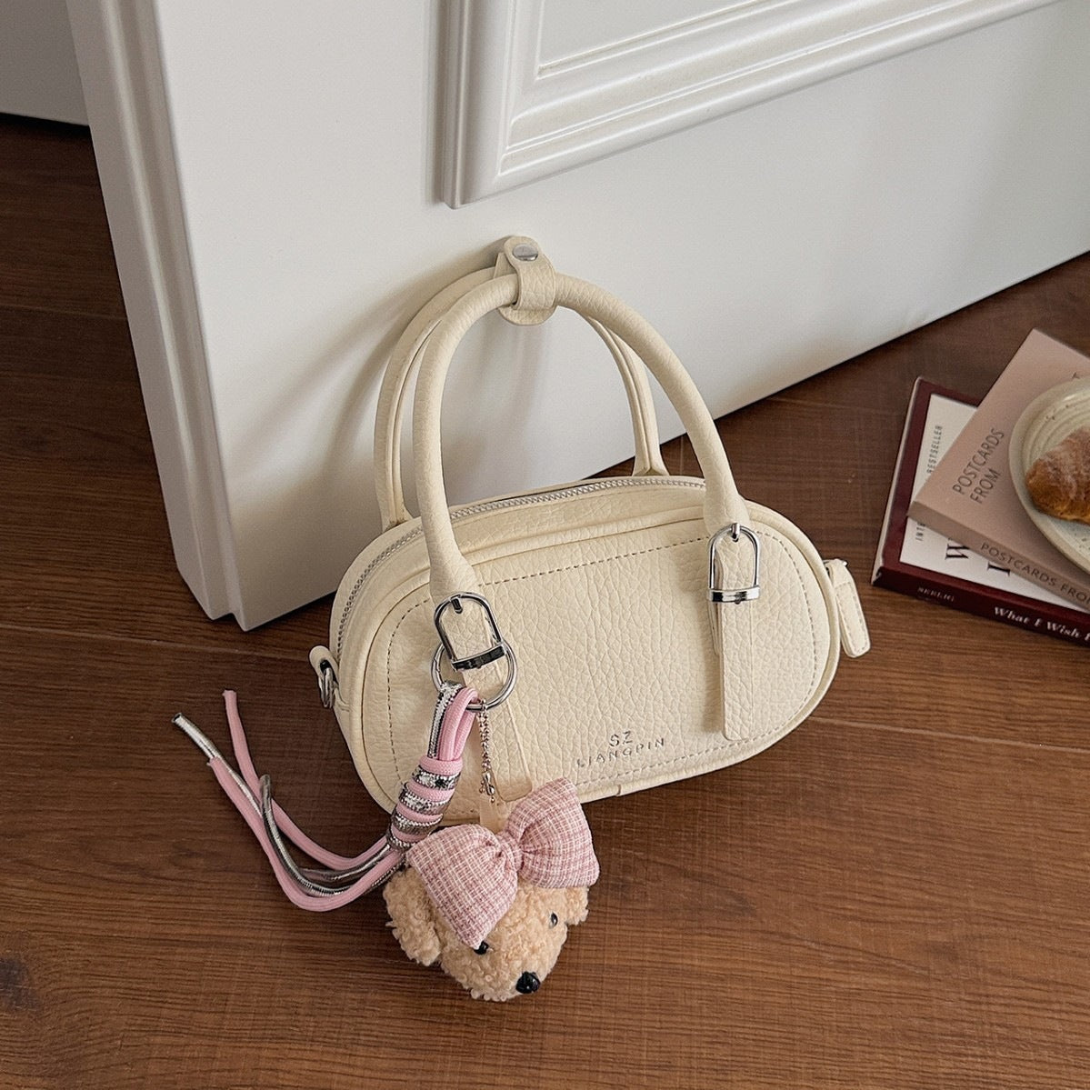 mini handbag with removable teddy keychain