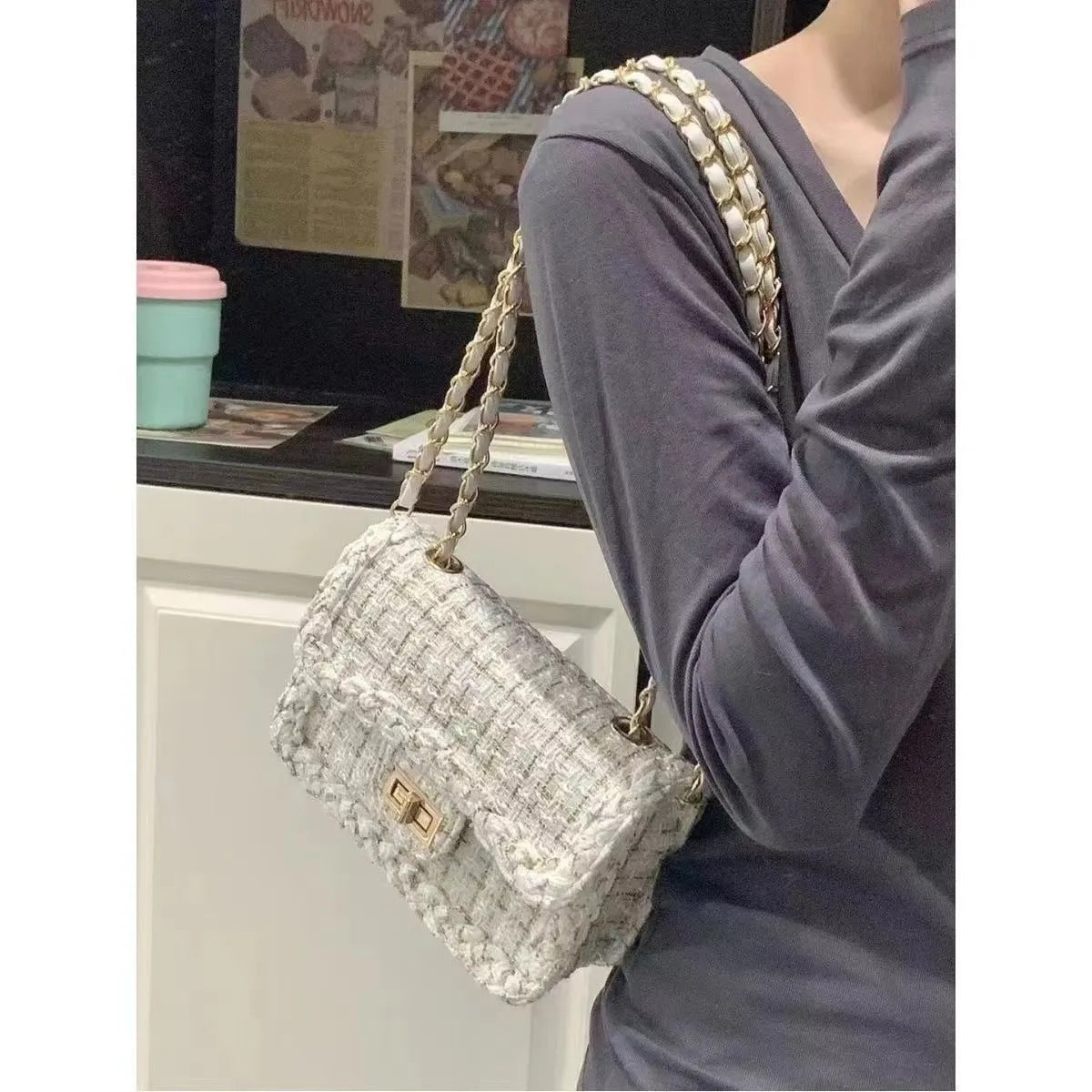 Textured Chain-Detail Crossbody Bag