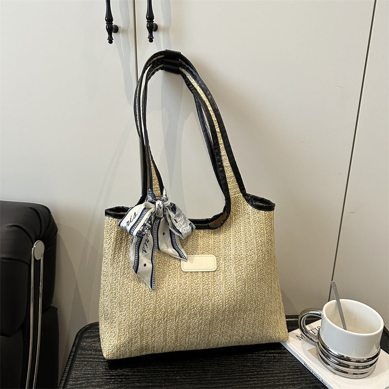 Textured Weave Tote Bag with Elegant Bow