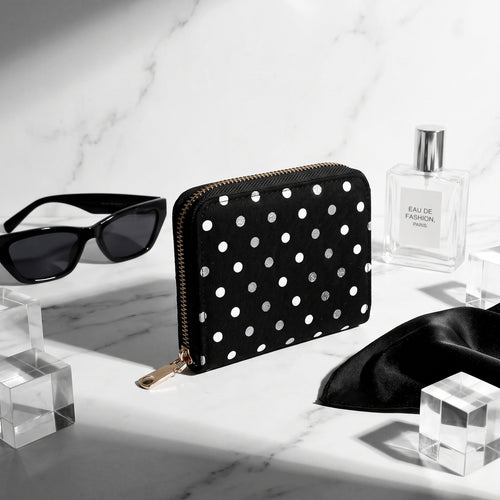 Compact zip-around suede polka dot card wallet with coin compartment