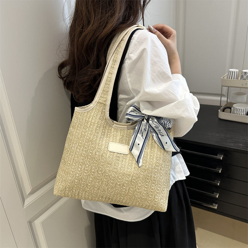 Textured Weave Tote Bag with Elegant Bow