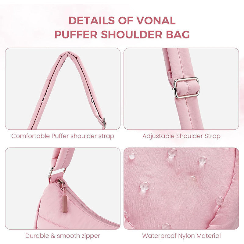 Fashionable shoulder bag with padded shoulder strap and multiple compartments