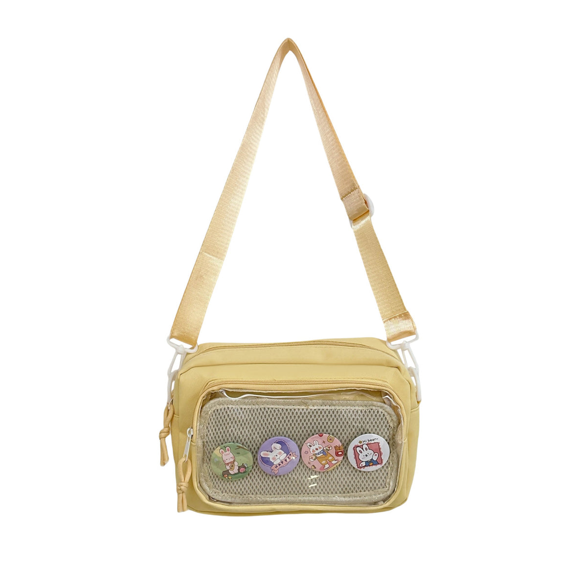 Shoulder bag with transparent viewing pocket and playful graphic design