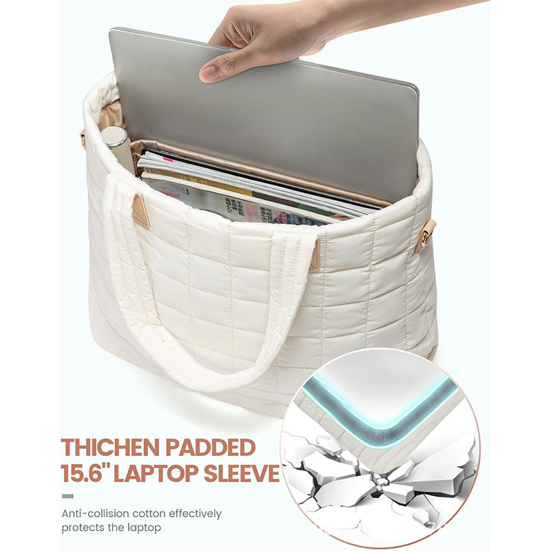 Fashionable quilted tote bag with removable cosmetic pouch