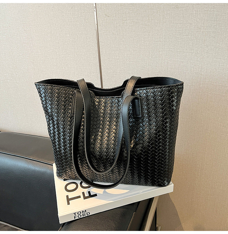 Woven Leather Shoulder Tote Bag